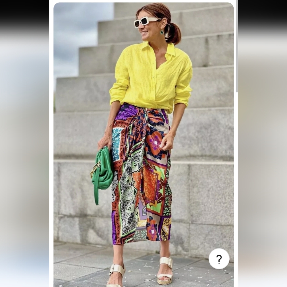 Zara Orange Green Midi Wrap Skirt